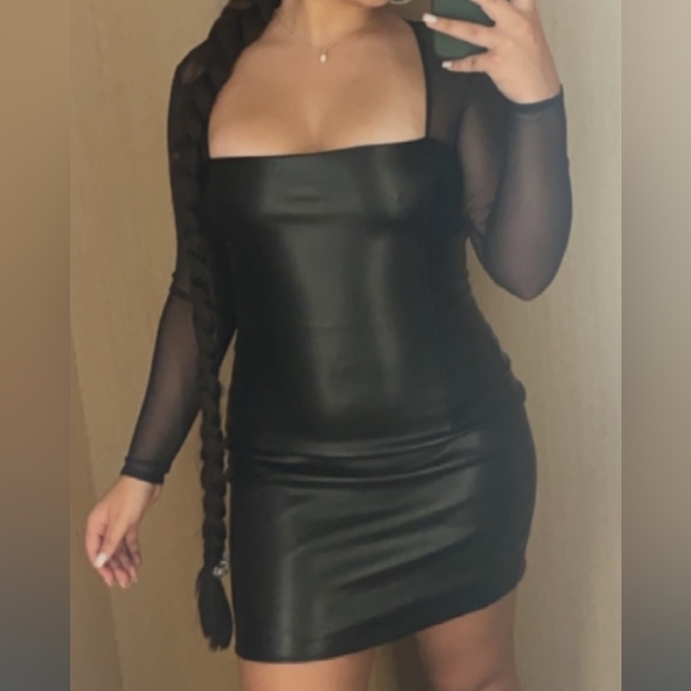 Meshki Faux Leather Mini Dress w/ Mesh Sleeves